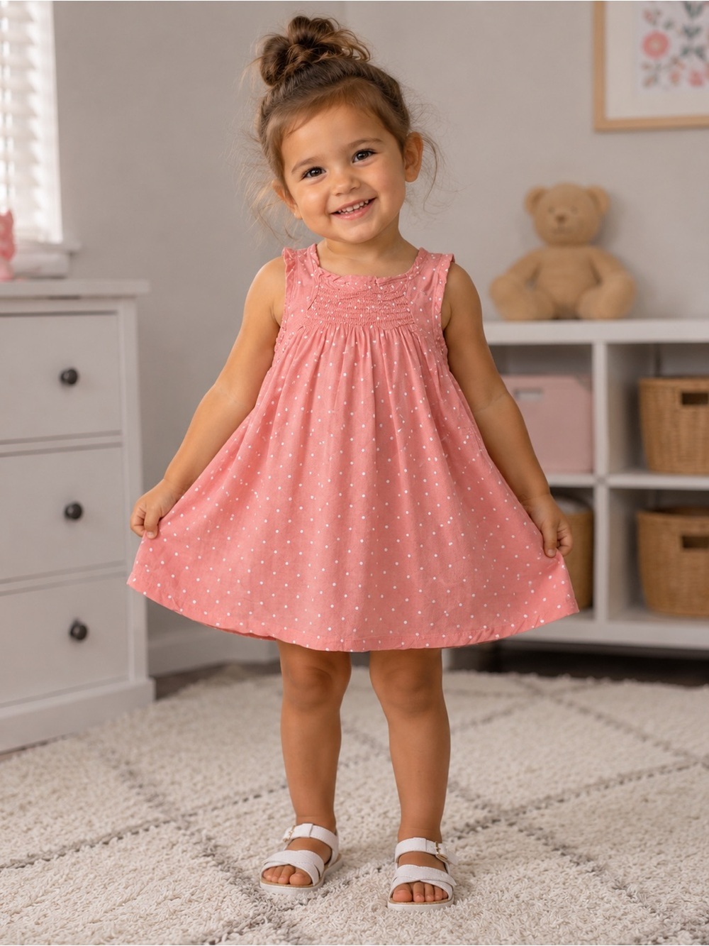 Old Navy Girls Pink Polka Dot Sleeveless Dress Smocked A-Line Toddler 18 - 24 M